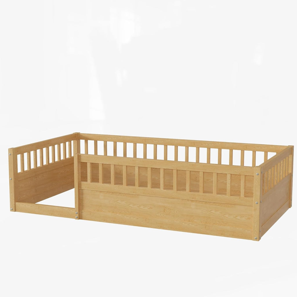 Lit au Sol Montessori avec Barrières de Sécurité — Bois Naturel