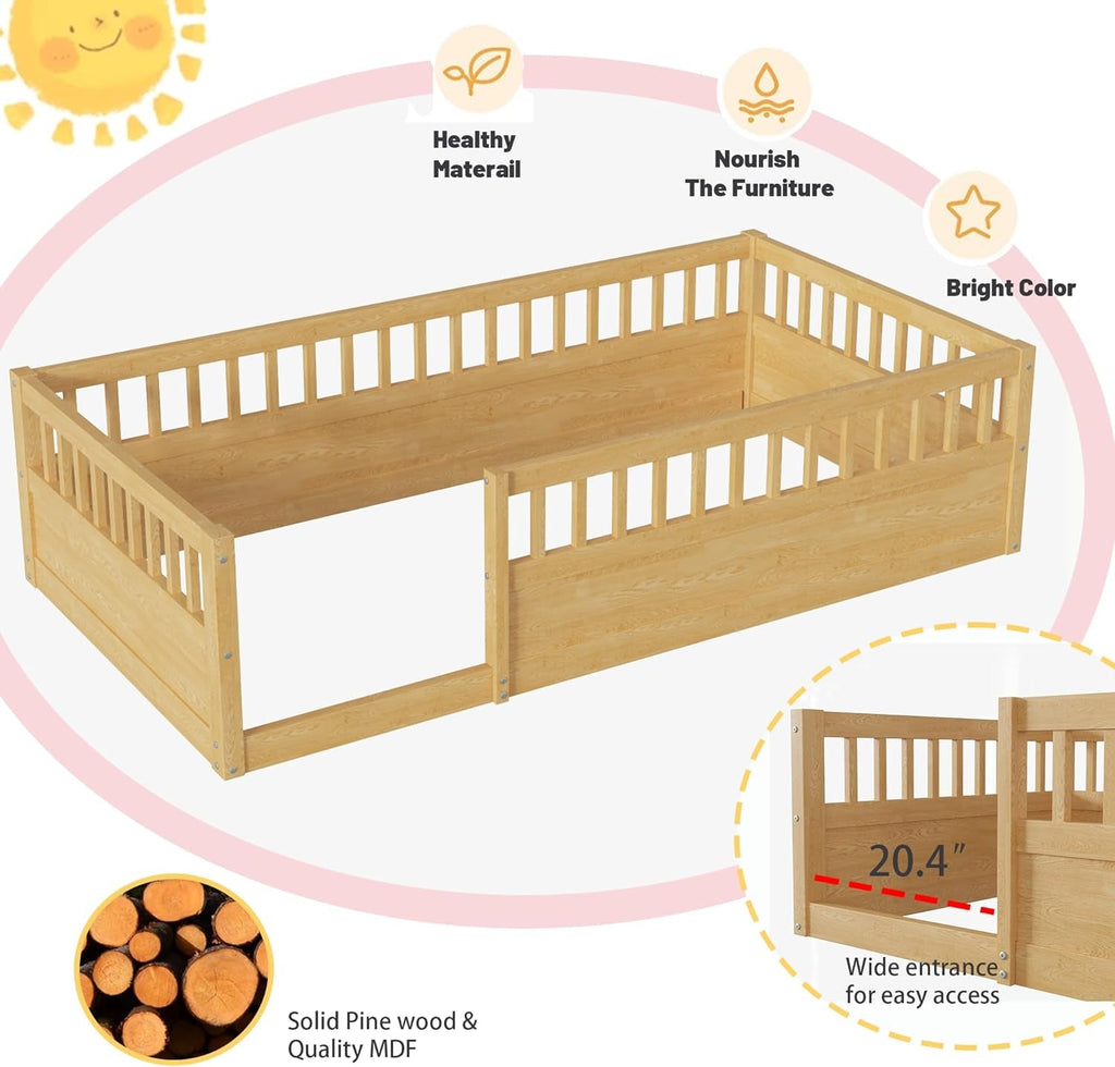Lit au Sol Montessori avec Barrières de Sécurité — Bois Naturel