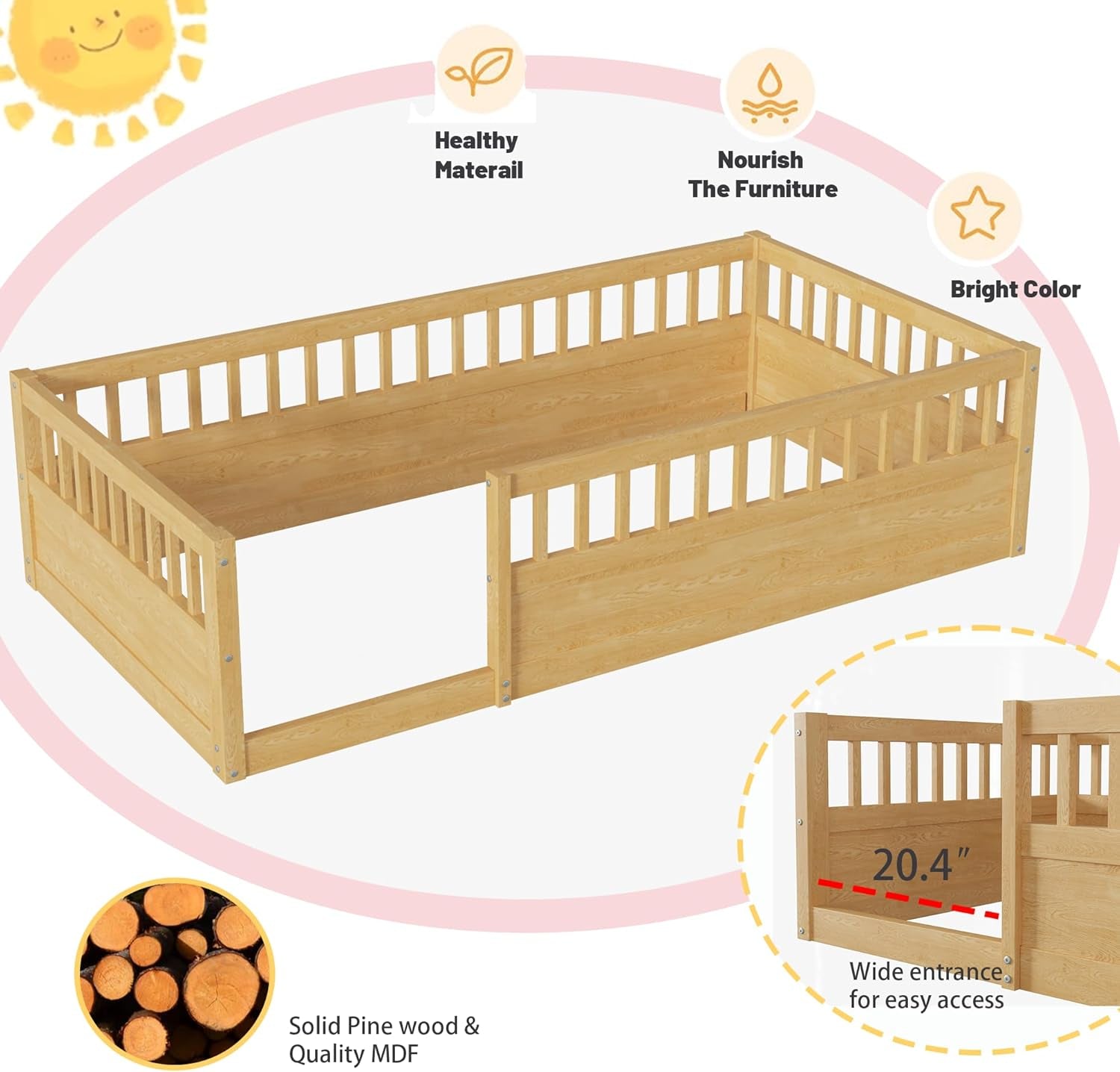 Lit au Sol Montessori avec Barrières de Sécurité — Bois Naturel