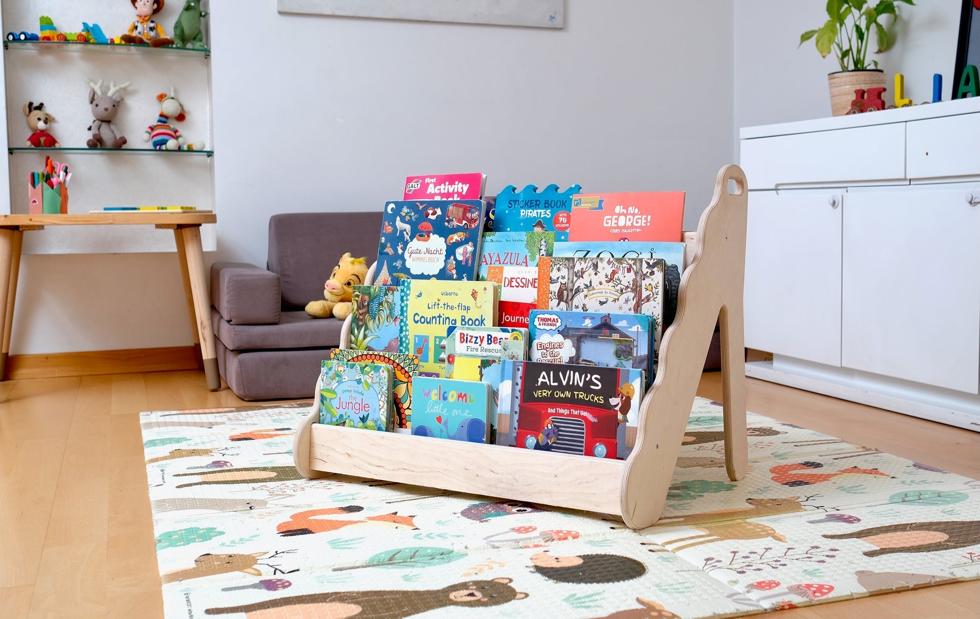 Bibliothèque Montessori en Bois avec Assise — Petit, Moyen ou Grand Format