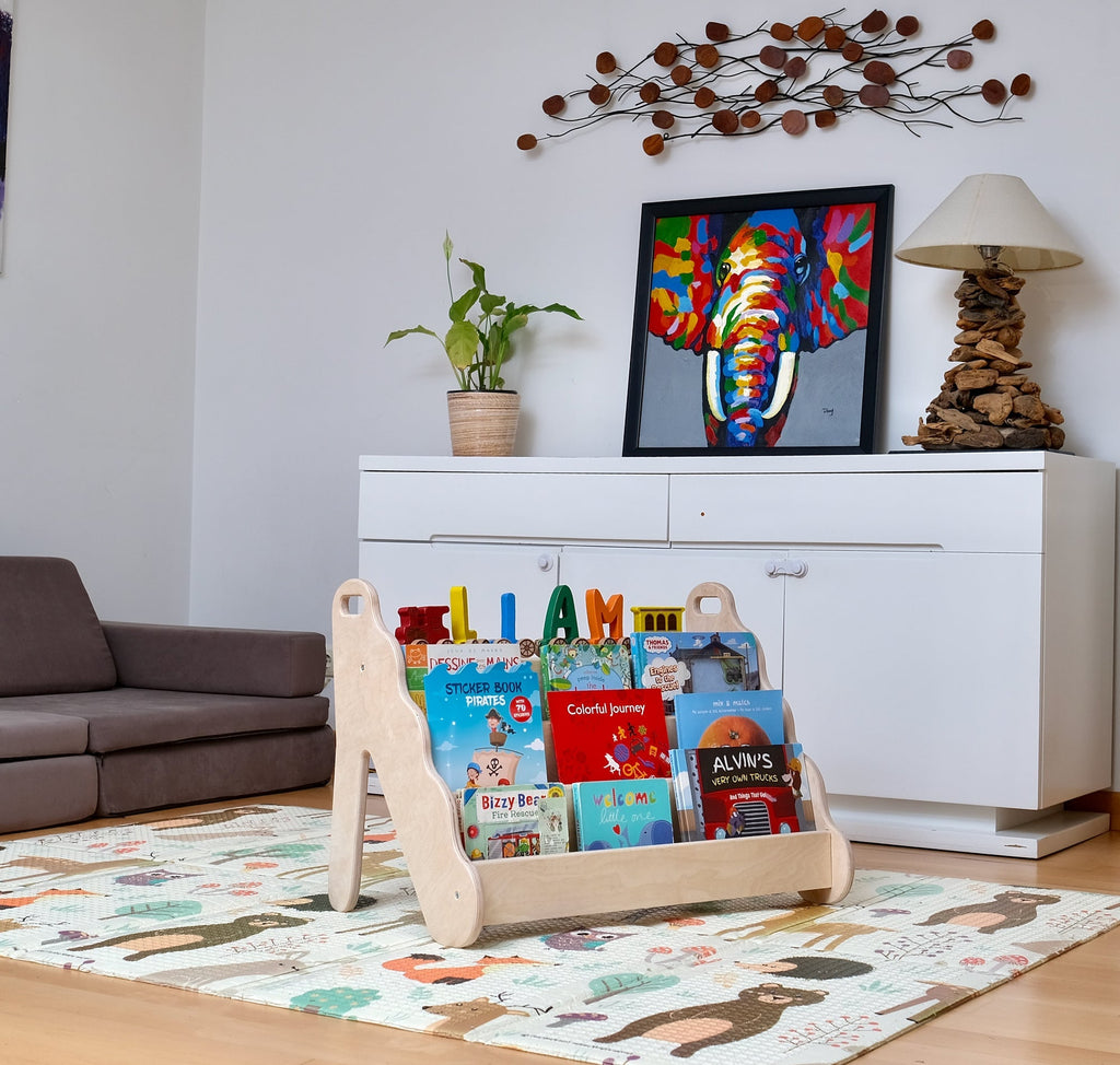 Bibliothèque Montessori en Bois avec Assise — Petit, Moyen ou Grand Format