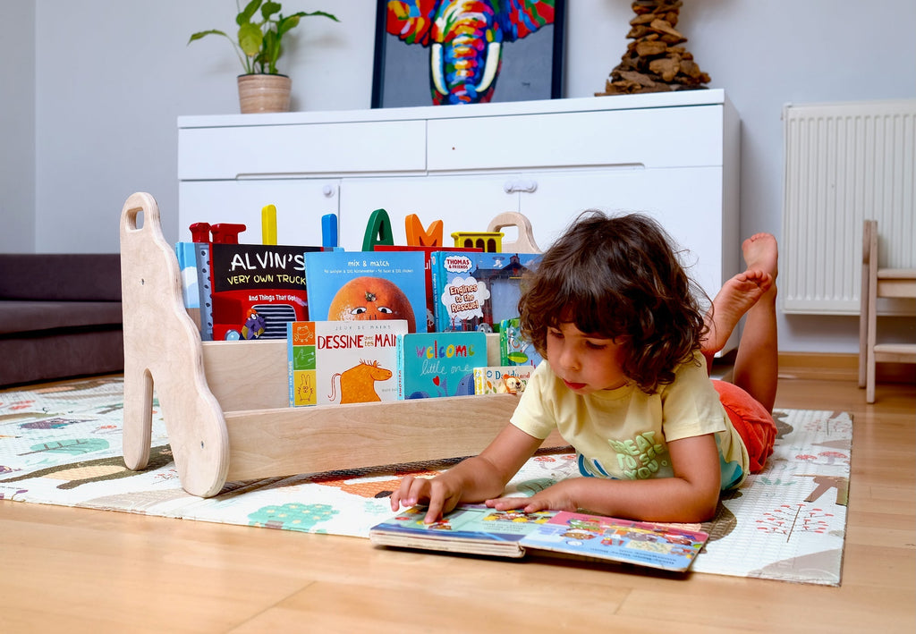 Bibliothèque Montessori en Bois avec Assise — Petit, Moyen ou Grand Format