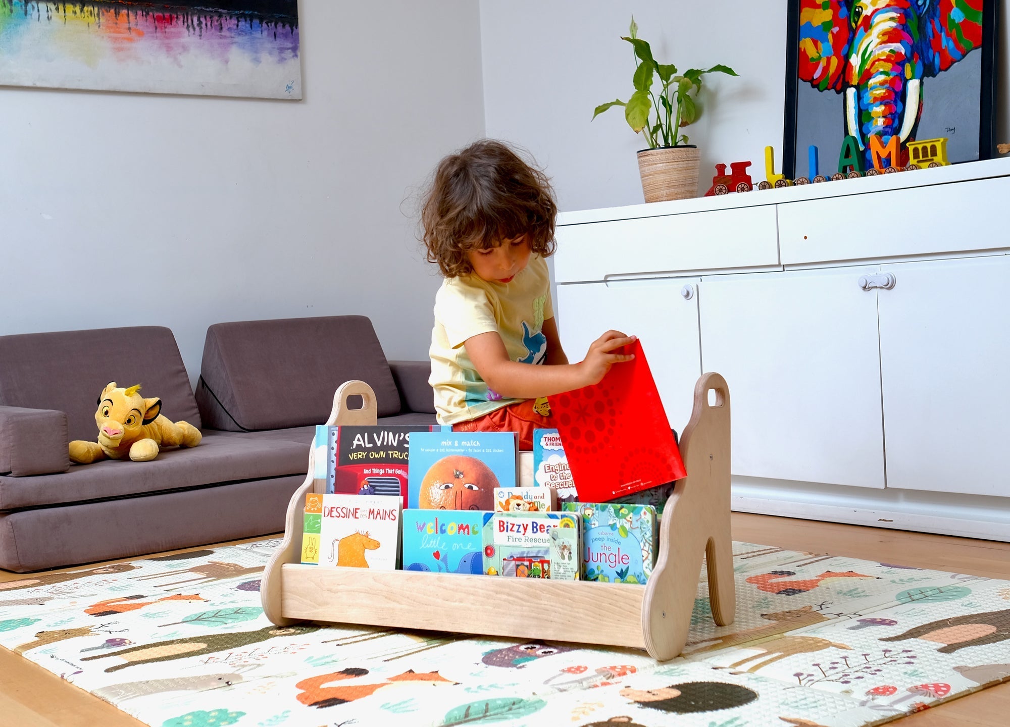 Bibliothèque Montessori en Bois avec Assise — Petit, Moyen ou Grand Format