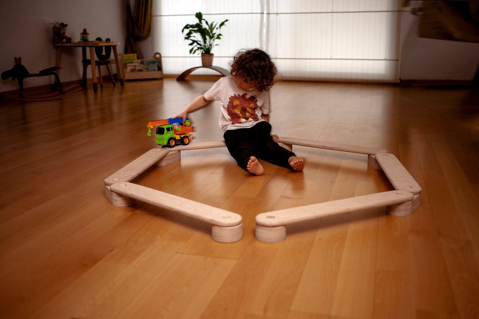Poutre d'Équilibre Montessori avec Pierres de Gué — Set en Bois
