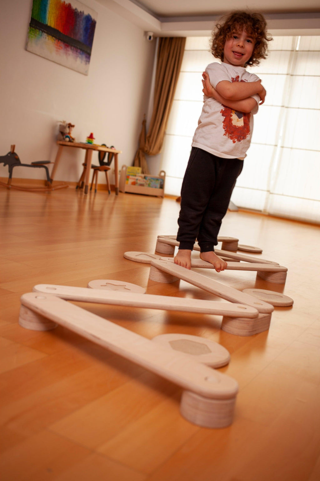 Poutre d'Équilibre Montessori avec Pierres de Gué — Set en Bois