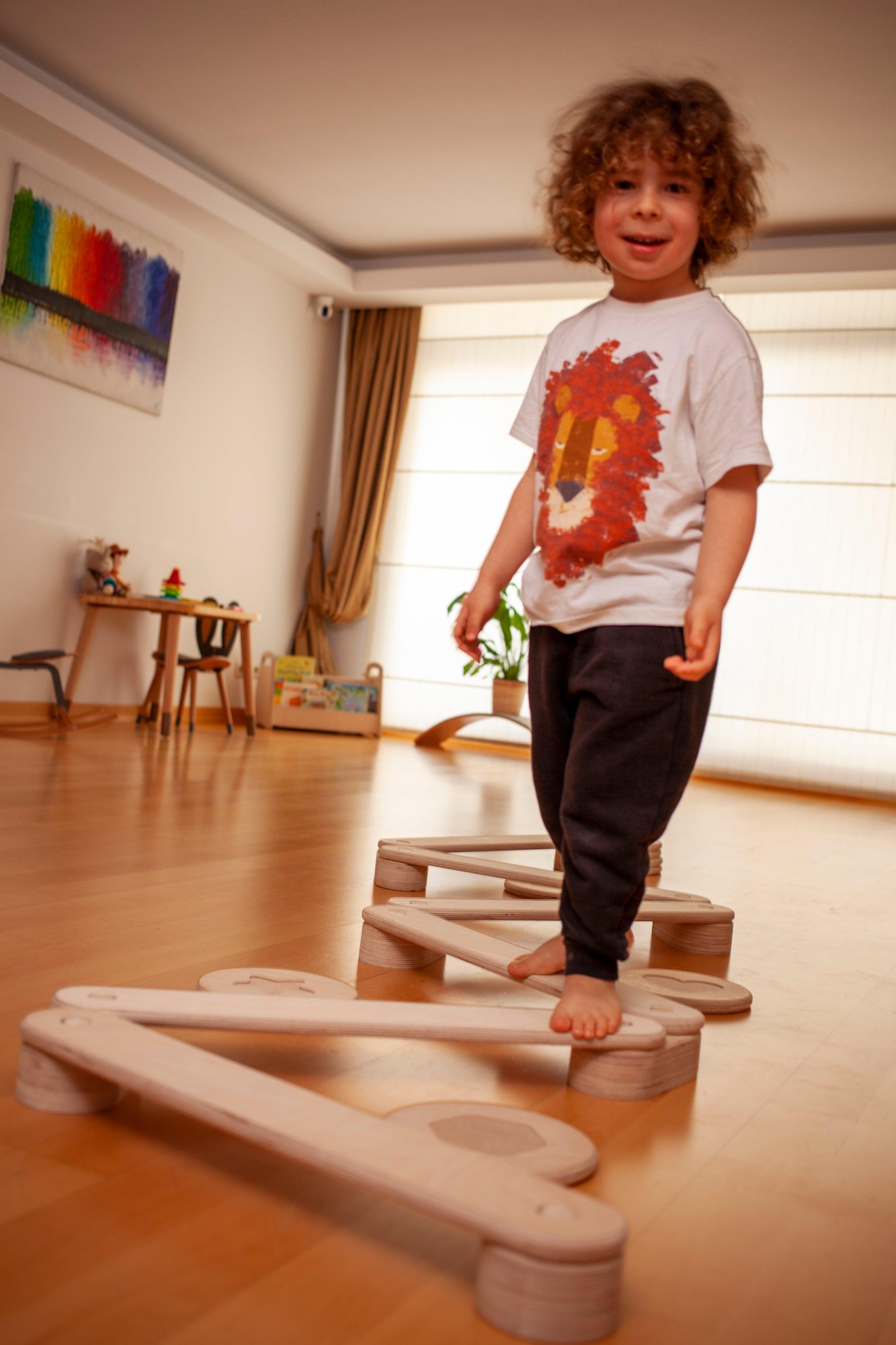 Poutre d'Équilibre Montessori avec Pierres de Gué — Set en Bois