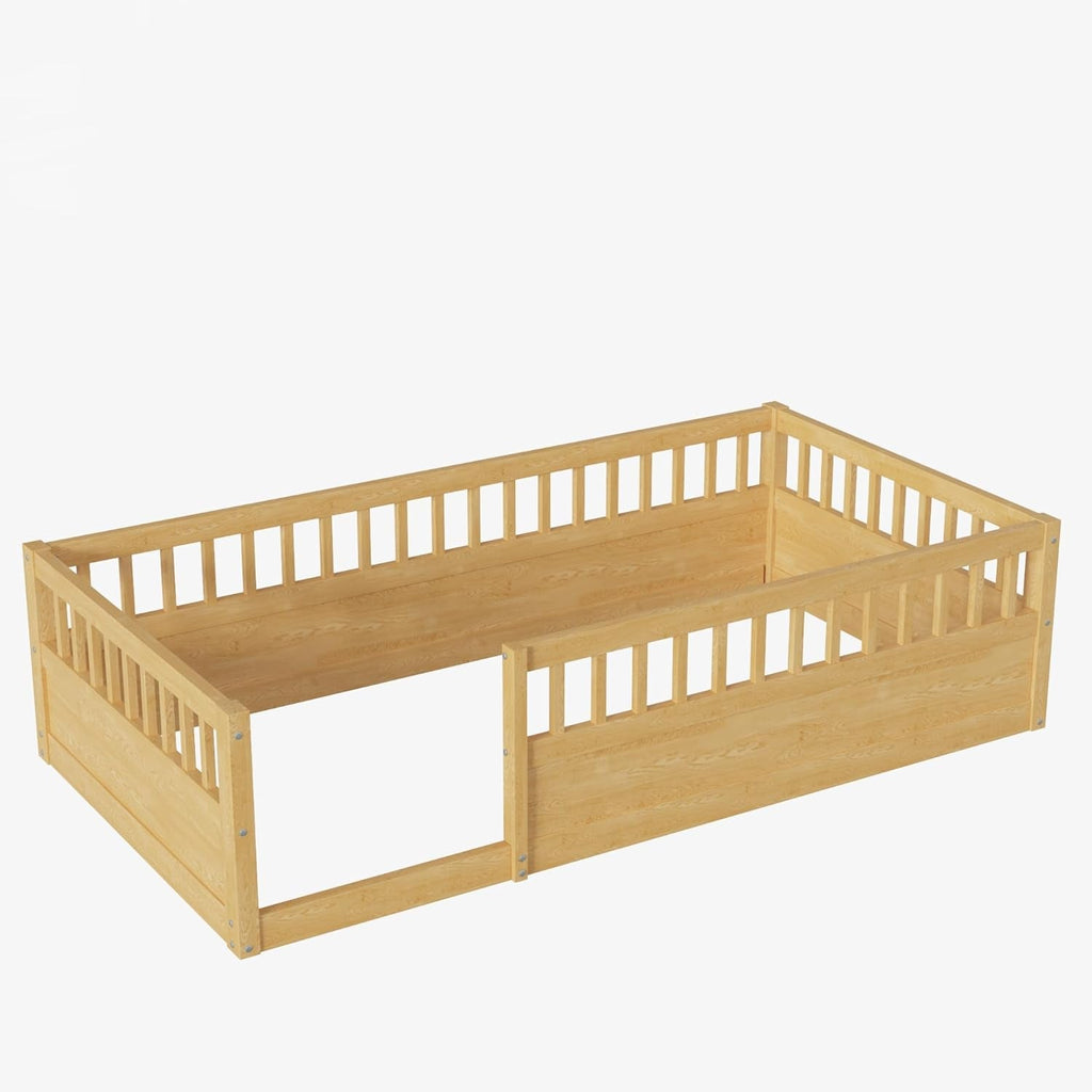 Lit au Sol Montessori avec Barrières de Sécurité — Bois Naturel
