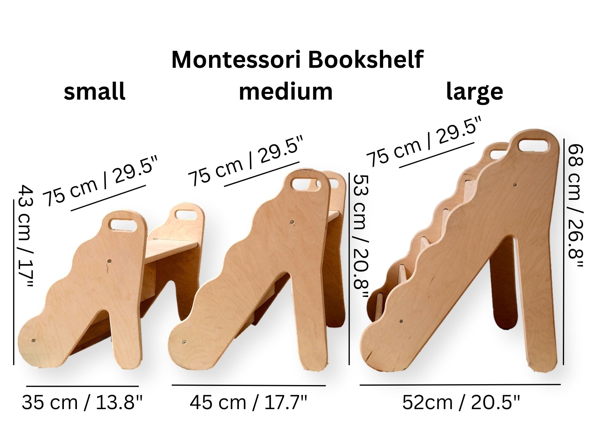 Bibliothèque Montessori en Bois avec Assise — Petit, Moyen ou Grand Format