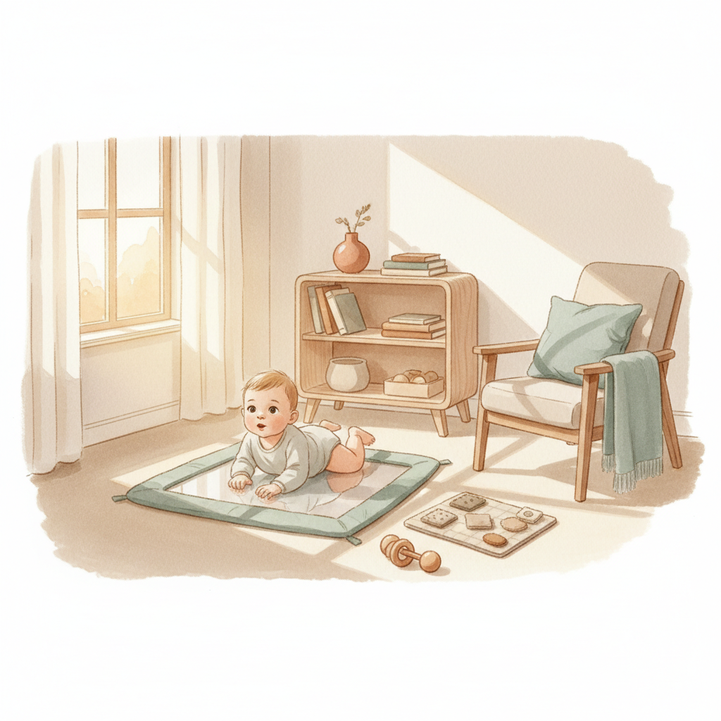 Bébé sur tapis Montessori dans une chambre douce