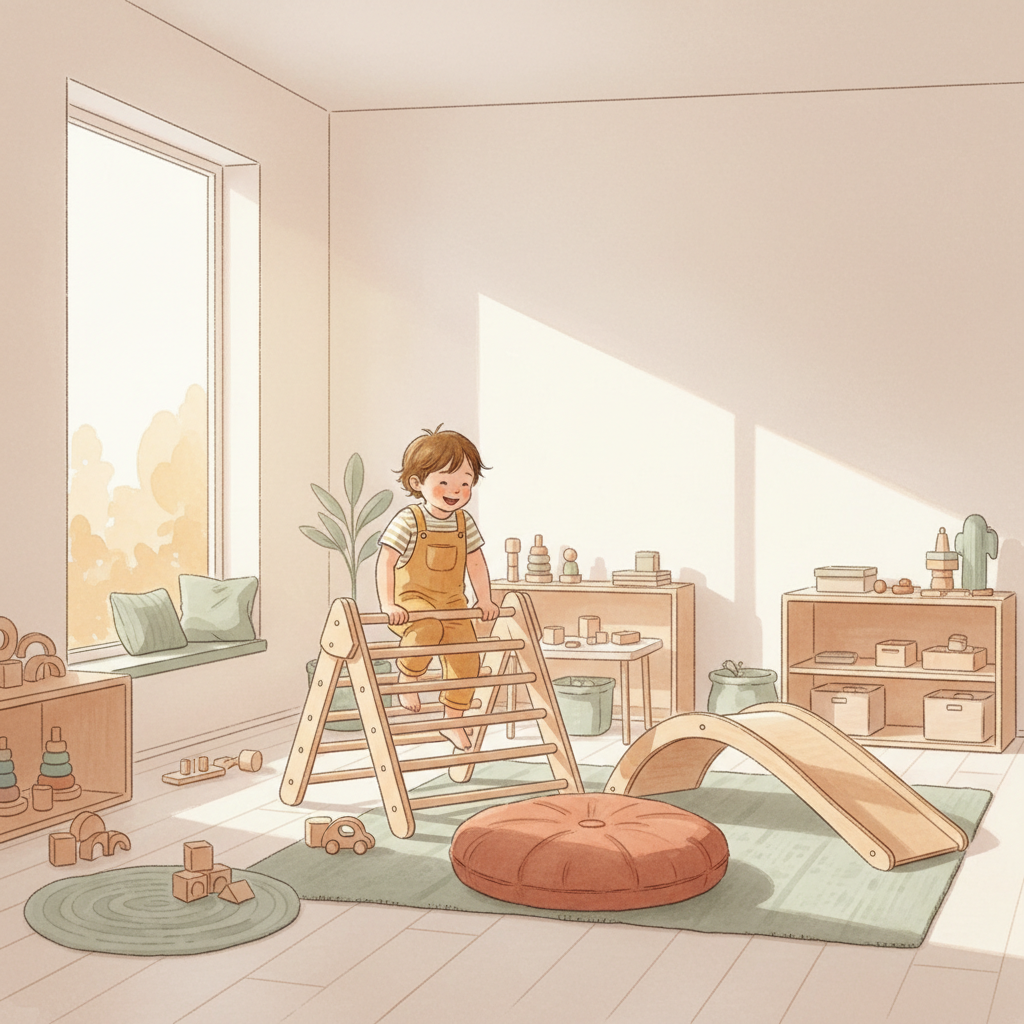 Enfant grimpant un triangle de Pikler en bois