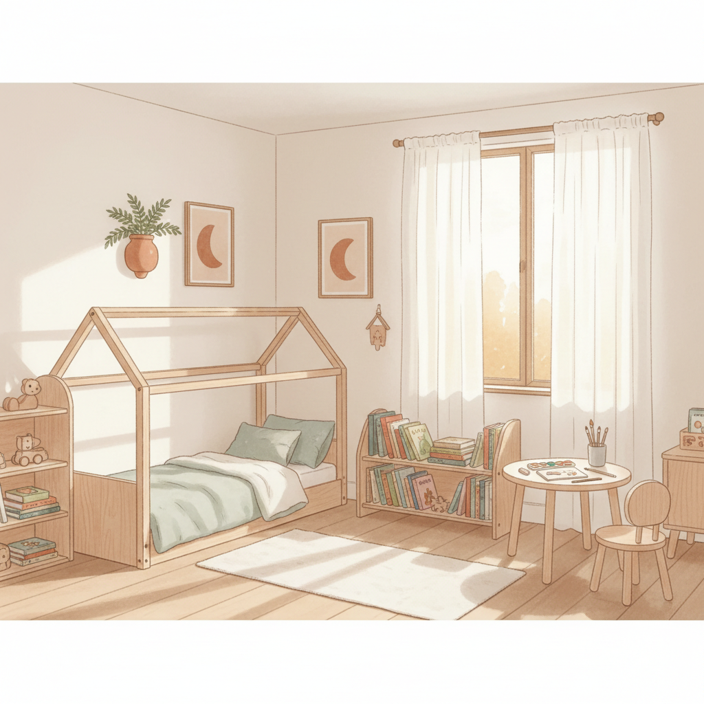 Chambre Montessori organisée avec lit cabane